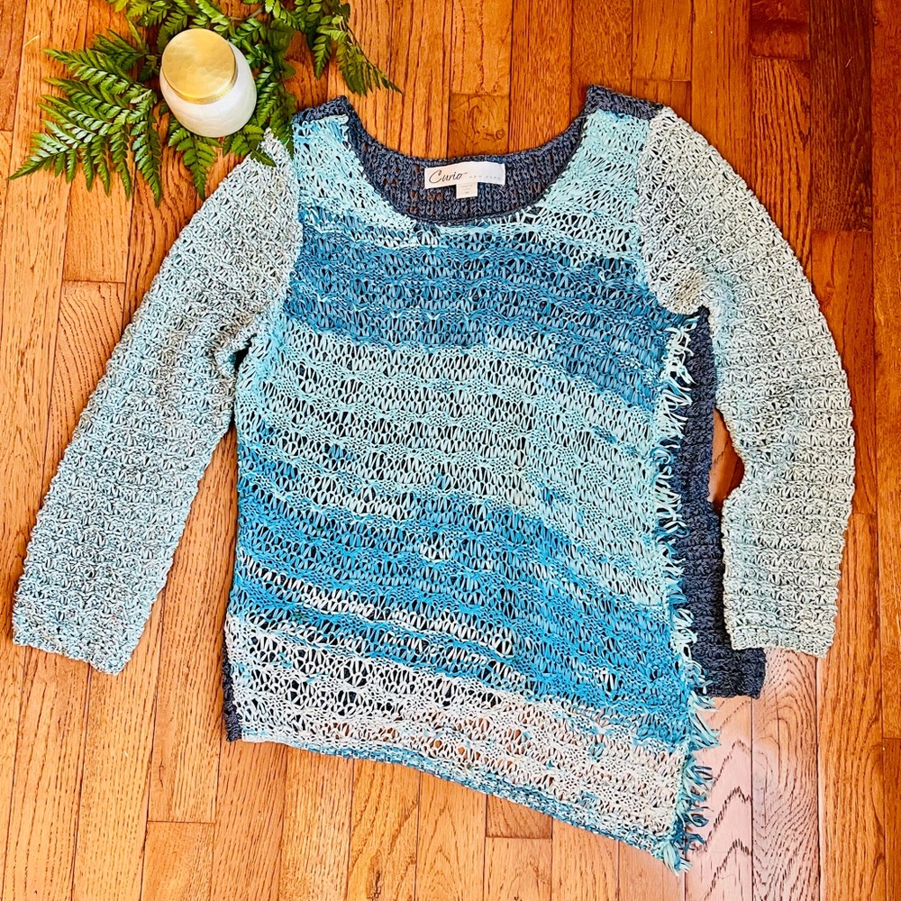 CURIO New York Blue Multi Stripe Relaxed Fit Sweater Size Medium